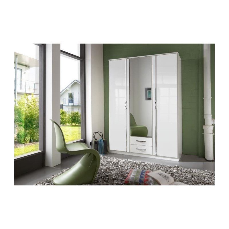 Armoire - Panneaux de particules E1 et porte miroir - 3 portes 1 miroir - Décor blanc - Chambre - L 135 x P 56 x H 199 cm