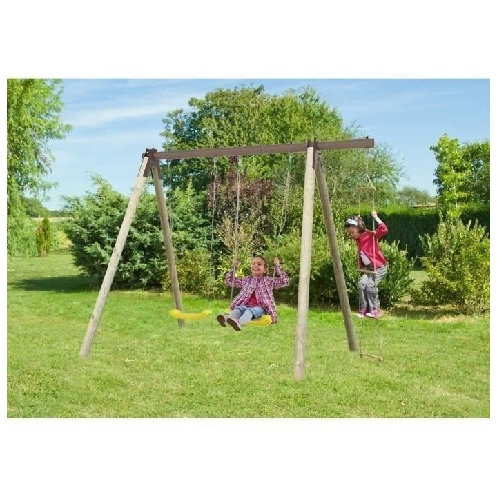Portique bois et métal - 1,90m - 2 balançoires et 1 échelle - PIKI