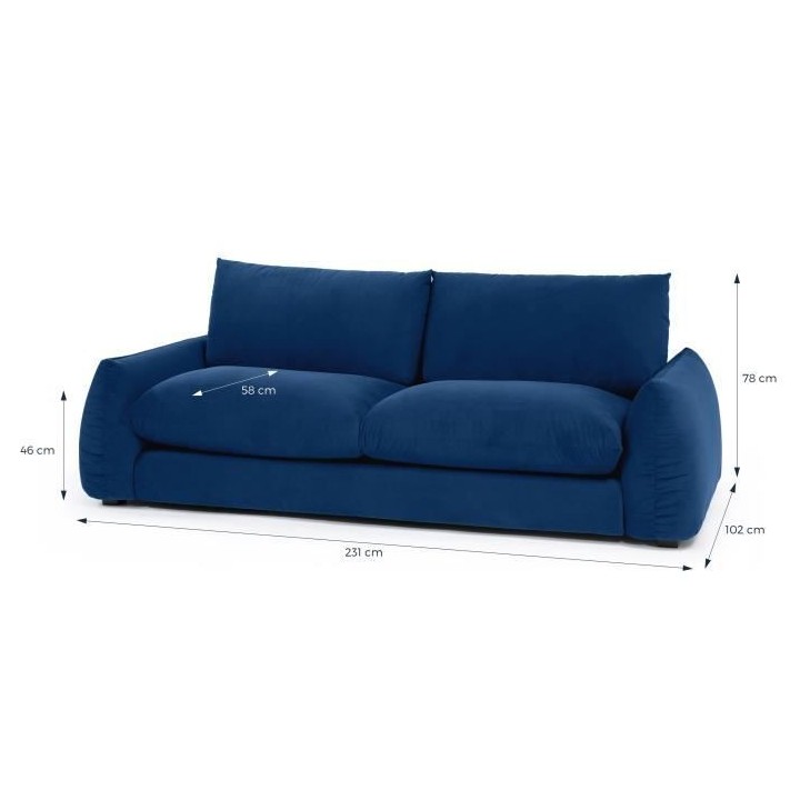 Canapé fixe 3 places TYFA - Velours bleu profond - L 231 x P 102 x H