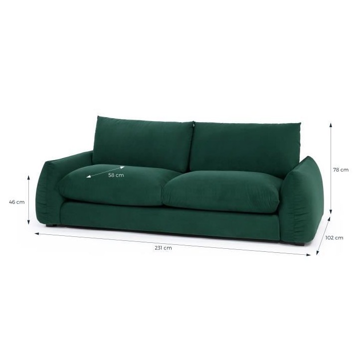 Canapé fixe 3 places TYFA - Velours vert bouteille - L 231 x P 102 x
