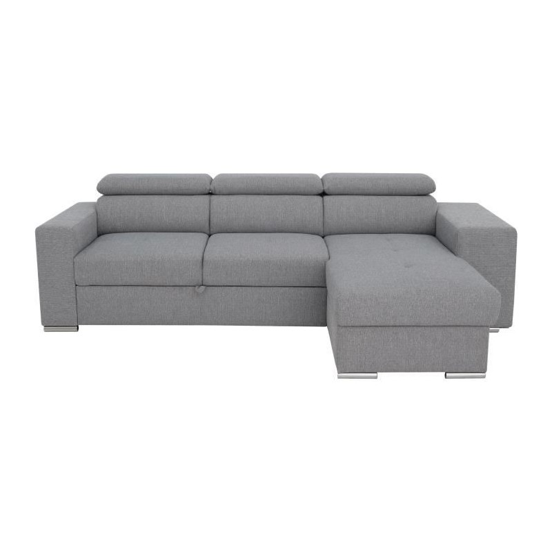 Canapé d'angle convertible réversible TYRON - Coffre et 2 poufs - Tissu Gris - L 257 x P 163 x H 94 cm