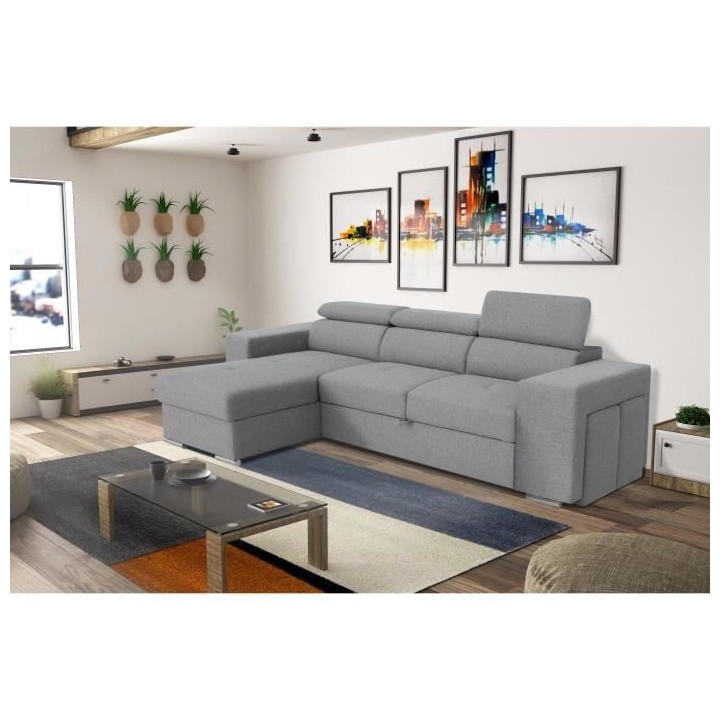 Canapé d'angle convertible réversible TYRON - Coffre et 2 poufs - Ti