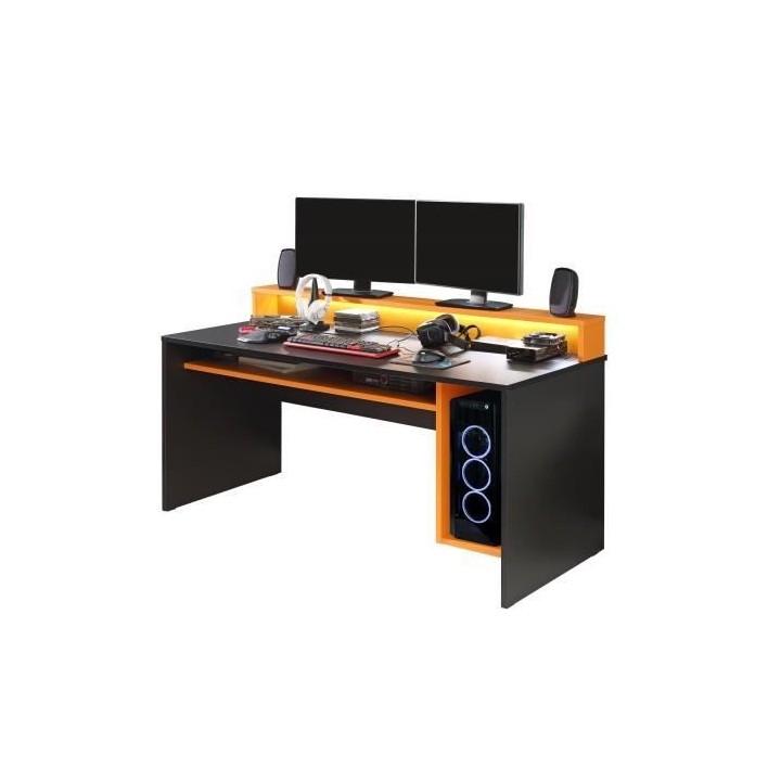 TEZAUR Bureau multi media + LED - Décor noir et orange - L 160 x P 72
