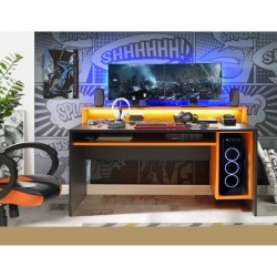 TEZAUR Bureau multi media + LED - Décor noir et orange - L 160 x P 72 x H 91 cm