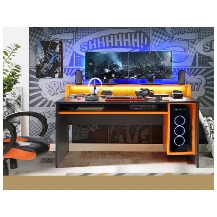TEZAUR Bureau multi media + LED - Décor noir et orange - L 160 x P 72