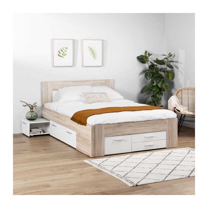 UDINE Lit adulte contemporain décor chene cendré et blanc mat - l 140 x L 200 cm