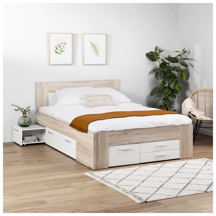 UDINE Lit adulte contemporain décor chene cendré et blanc mat - l 14