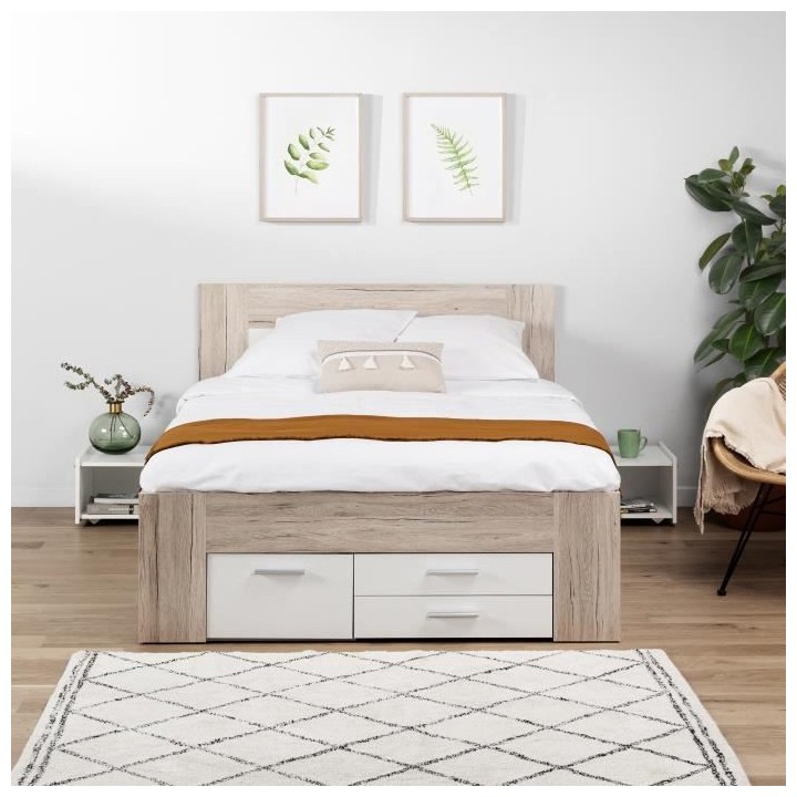 UDINE Lit adulte contemporain décor chene cendré et blanc mat - l 14