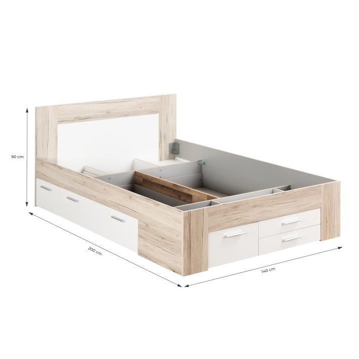 UDINE Lit adulte contemporain décor chene cendré et blanc mat - l 14