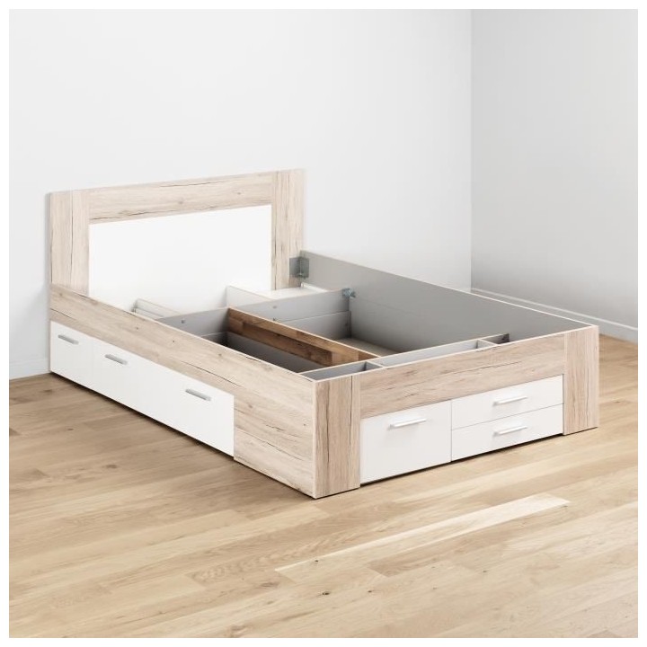 UDINE Lit adulte contemporain décor chene cendré et blanc mat - l 14