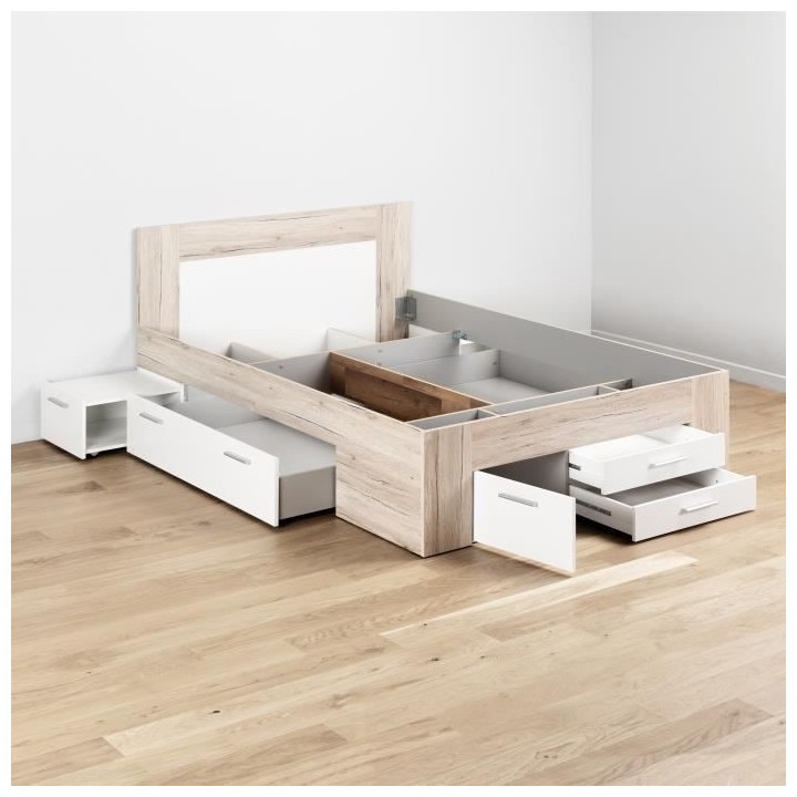 UDINE Lit adulte contemporain décor chene cendré et blanc mat - l 14