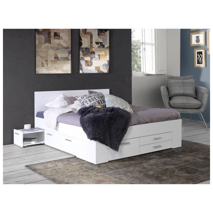 Lit adulte contemporain 160x200 cm - 4 tiroirs - 2 chevets avec niche