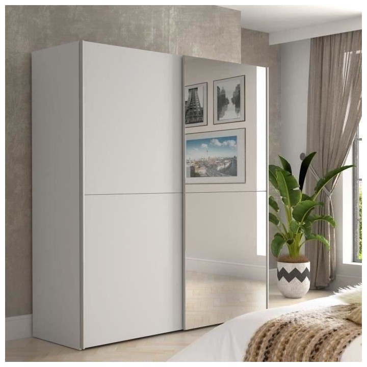 Armoire 2 portes coulissantes + miroir - Panneaux de particules - Blan