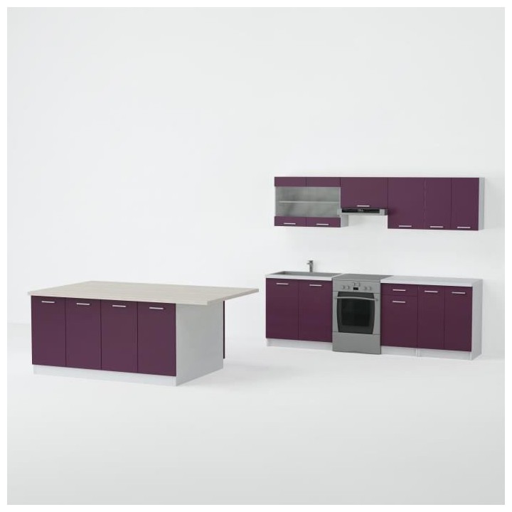 ULTRA Ilot de cuisine L 200 cm avec plan de travail - Aubergine mat