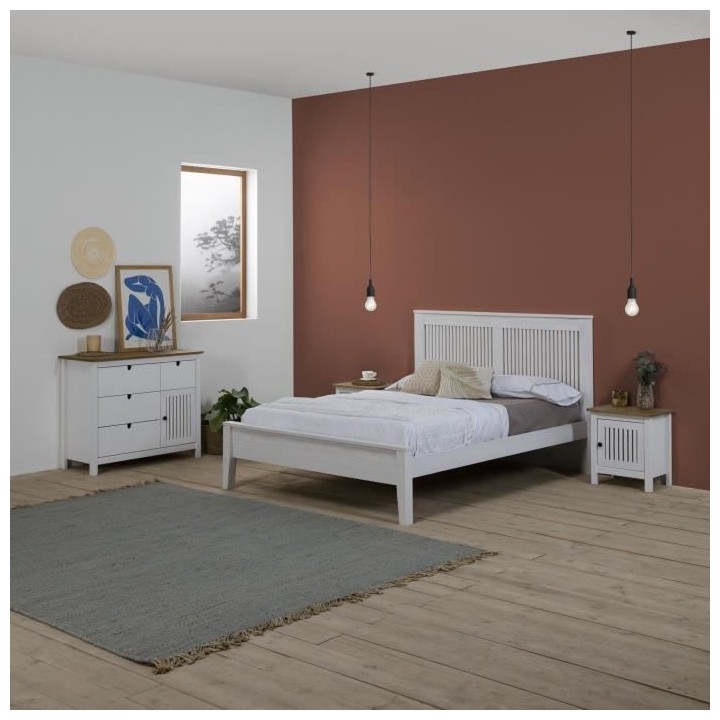 Chevet 1 porte en PIN MASSIF - Décor blanc - L 46 x L 35 x H 49,5 cm