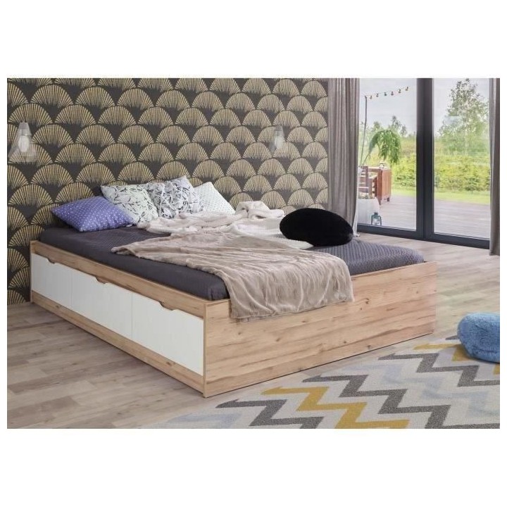 Lit adulte VANKKA - 180x200 cm - 3 tiroirs - Décor chene et blanc