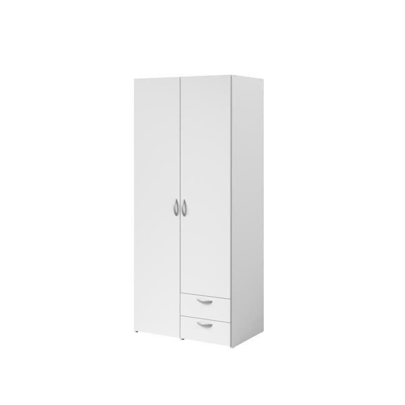 Armoire battante 2 portes + 2 tiroirs - Panneaux de particules - Décor blanc - L 81 cm x P 51 cm - H 185 cm - VARIA