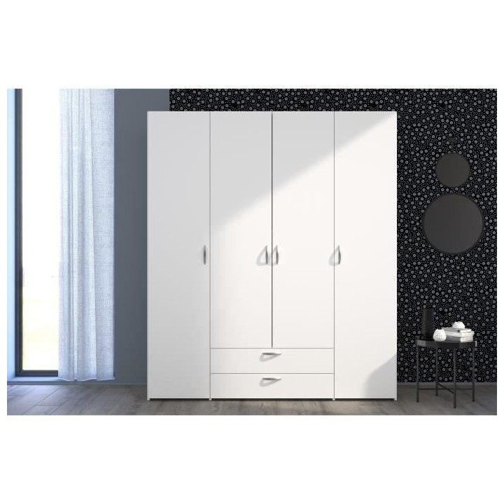 PARISOT Armoire 4 portes battantes + 2 tiroirs - Décor blanc - L 160