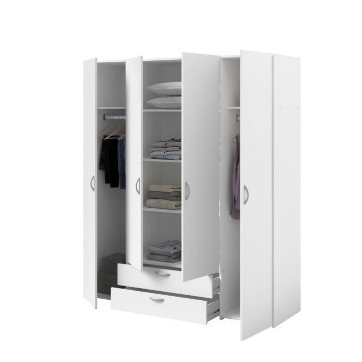 PARISOT Armoire 4 portes battantes + 2 tiroirs - Décor blanc - L 160