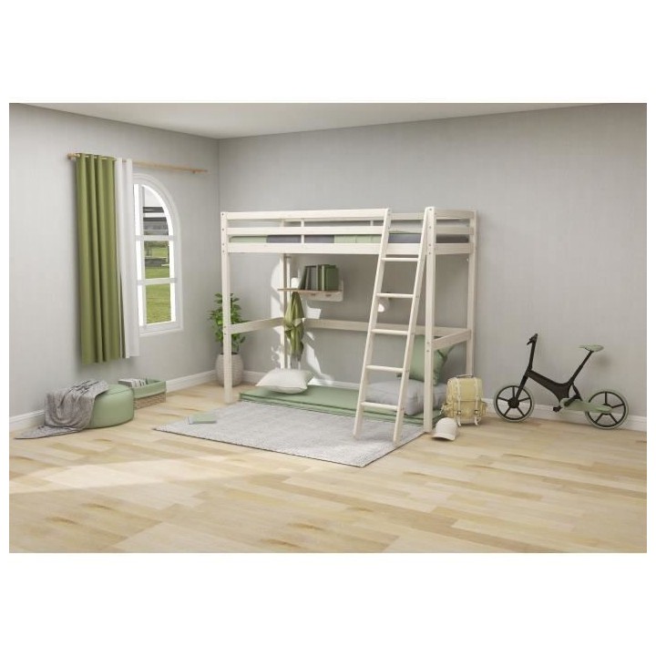 Lit mezzanine enfant - 90 x 190 cm - Pin massif blanchi - Sommier incl