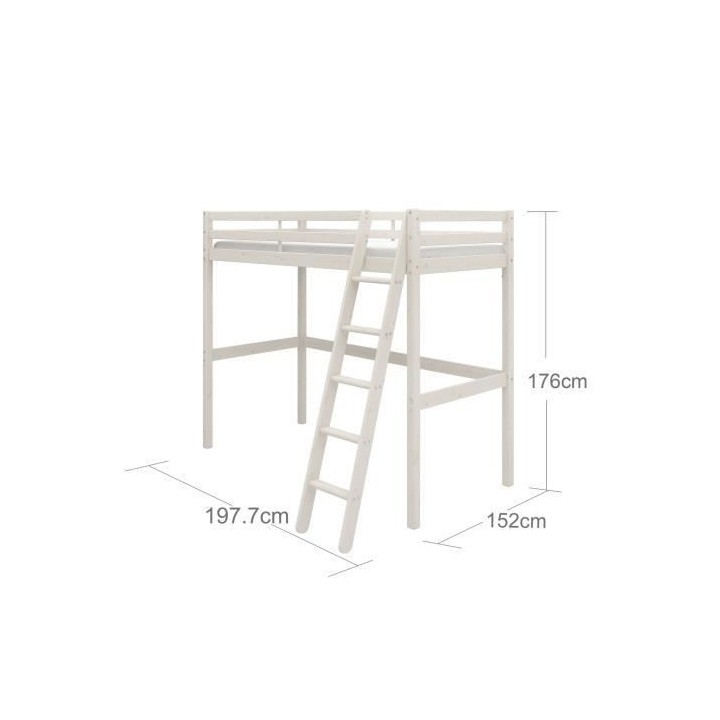 Lit mezzanine enfant - 90 x 190 cm - Pin massif blanchi - Sommier incl