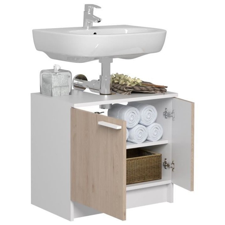EKIPA Meuble sous lavabo 2 portes - Décor Chene Jackson et blanc - L