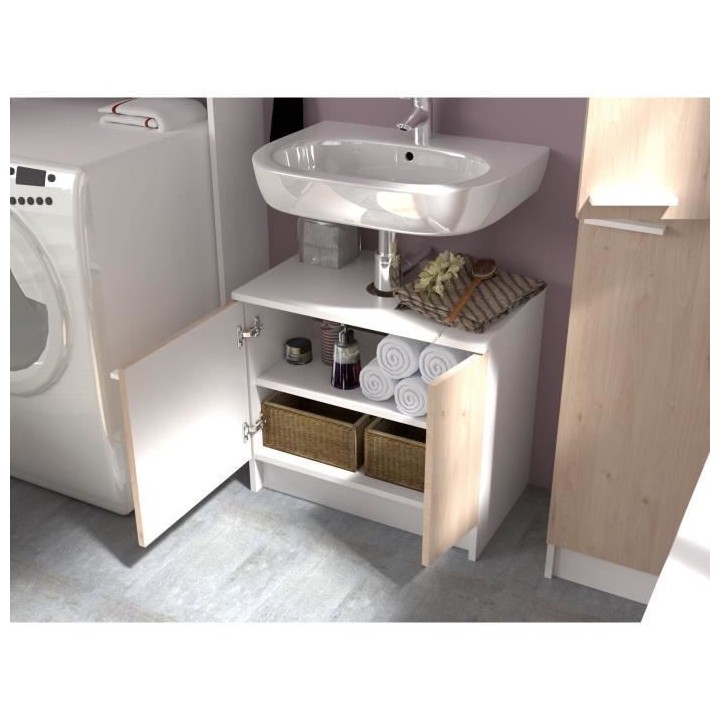 EKIPA Meuble sous lavabo 2 portes - Décor Chene Jackson et blanc - L