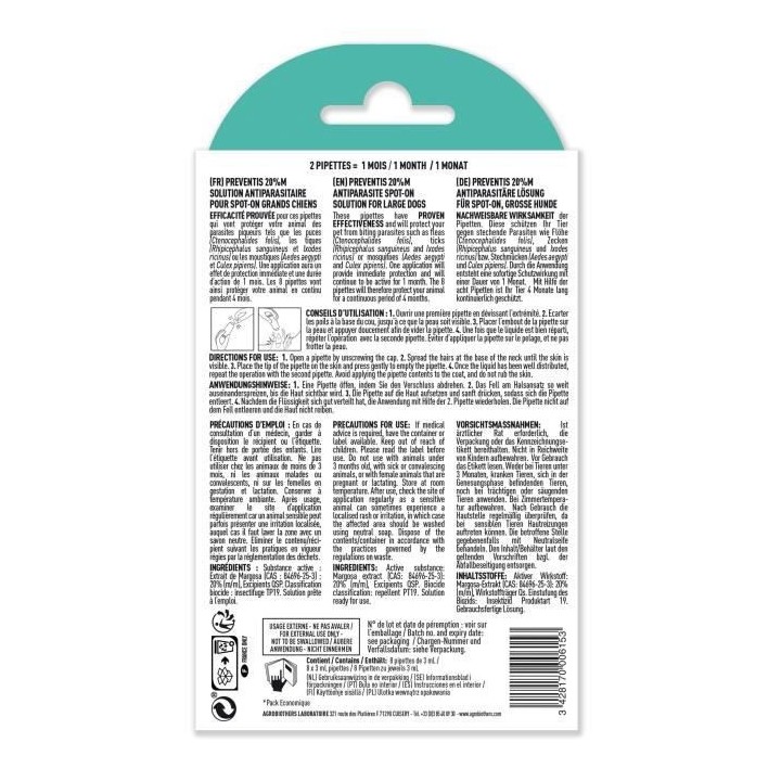 VETOCANIS Pipettes Anti Puces, Tiques, Moustiques, pour Chien 10-20 kg