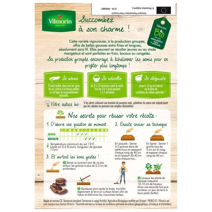 Haricot nain vert sans fil Cupidon bio 20m Vilmorin