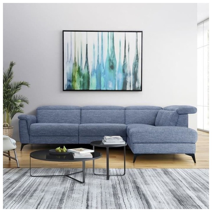 Canapé d'angle droit relax électrique - MELBOURNE - Tissu bleu clair