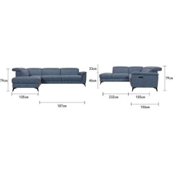 Canapé d'angle gauche relax électrique - MELBOURNE - Tissu bleu clair - L 292 x P 232 x H 99 cm