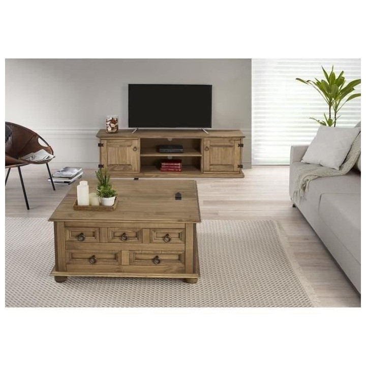 Table basse 5 tiroirs - Bois massif - L 92 x P 87,5 x H 46 cm - VITO