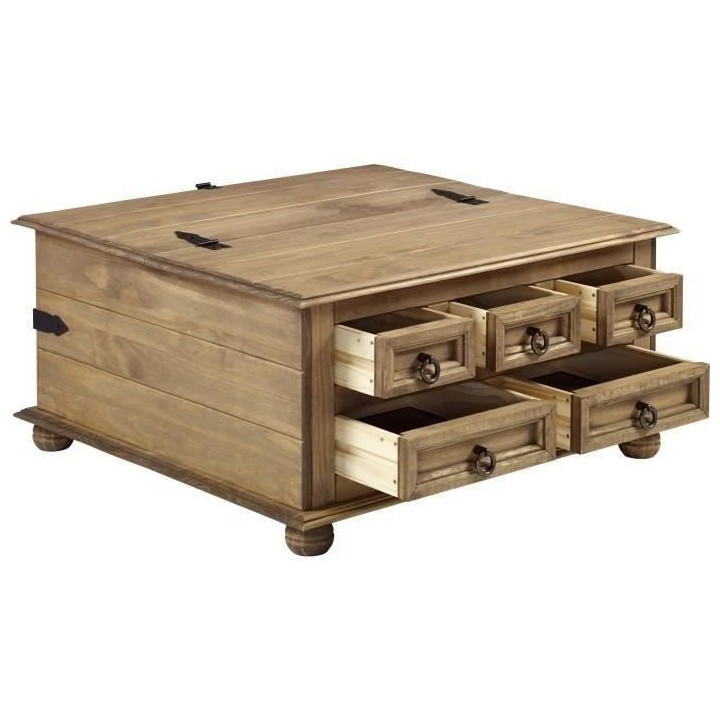 Table basse 5 tiroirs - Bois massif - L 92 x P 87,5 x H 46 cm - VITO