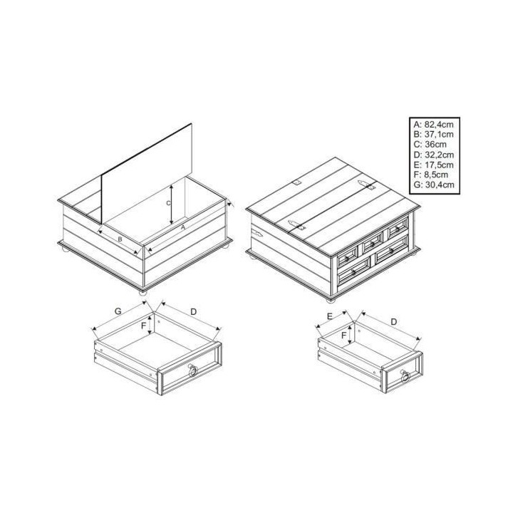 Table basse 5 tiroirs - Bois massif - L 92 x P 87,5 x H 46 cm - VITO