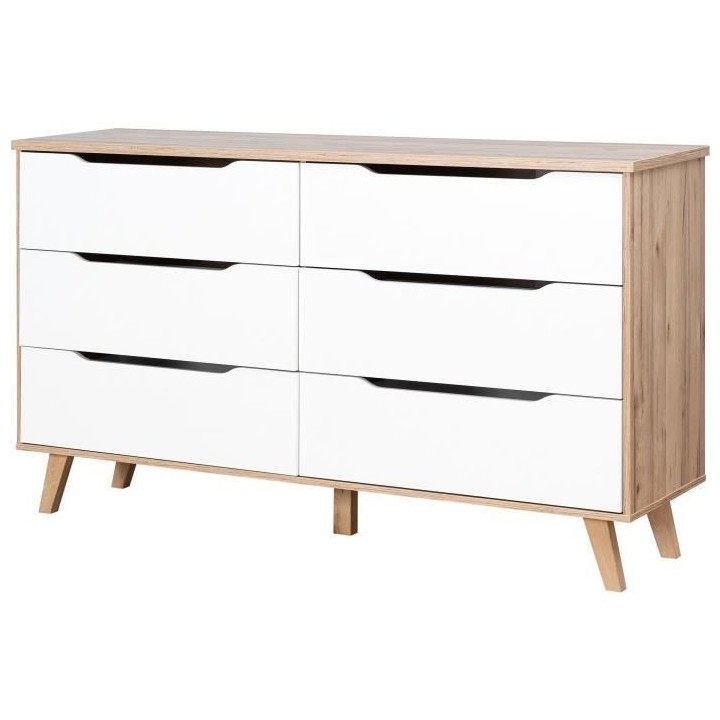 Commode 6 tiroirs - En panneaux de particules - Décor chene et blanc