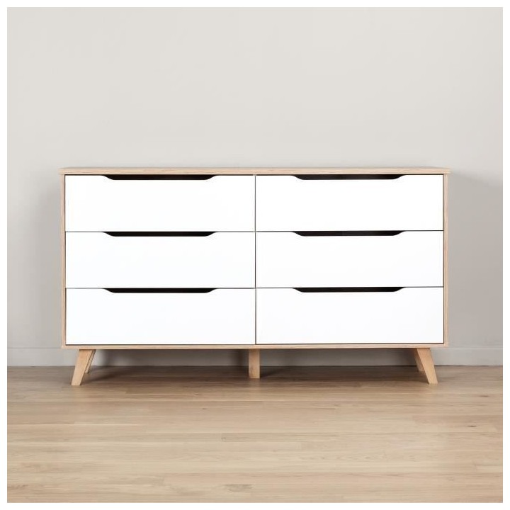 Commode 6 tiroirs - En panneaux de particules - Décor chene et blanc