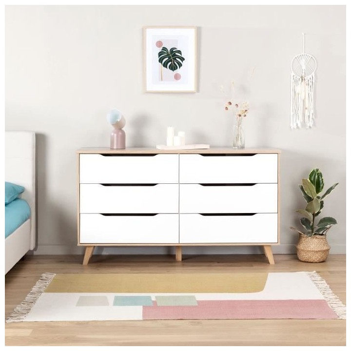 Commode 6 tiroirs - En panneaux de particules - Décor chene et blanc