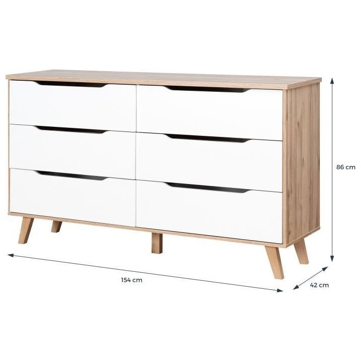 Commode 6 tiroirs - En panneaux de particules - Décor chene et blanc
