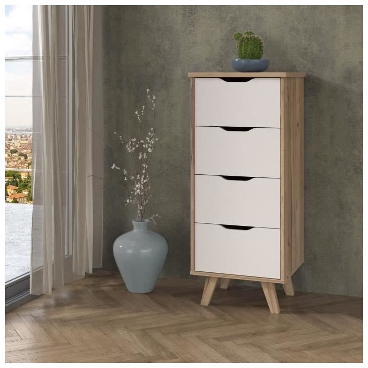 Chiffonnier 4 tiroirs - En panneaux de particules - Décor chene et bl