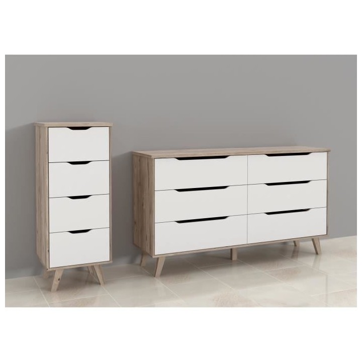 Chiffonnier 4 tiroirs - En panneaux de particules - Décor chene et bl