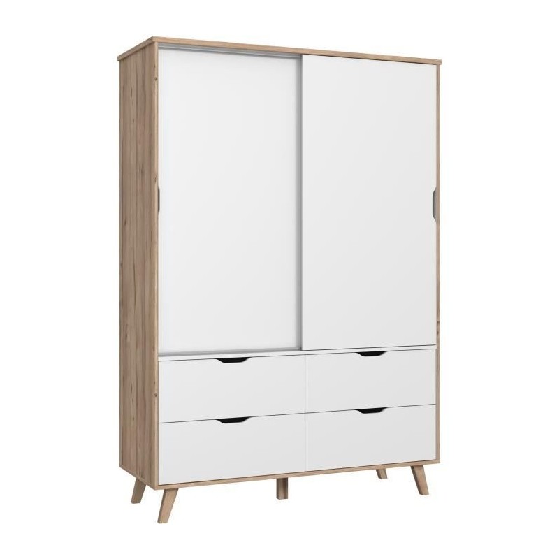 Armoire 2 portes + 4 tiroirs - Décor chene et blanc - L 139,4 x P 52,7 x H 201,5 cm - VANKKA