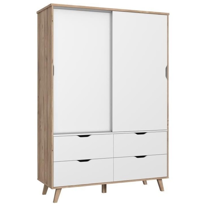 Armoire 2 portes + 4 tiroirs - Décor chene et blanc - L 139,4 x P 52,