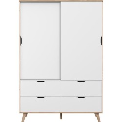 Armoire 2 portes + 4 tiroirs - Décor chene et blanc - L 139,4 x P 52,7 x H 201,5 cm - VANKKA