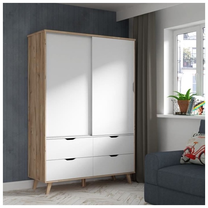 Armoire 2 portes + 4 tiroirs - Décor chene et blanc - L 139,4 x P 52,
