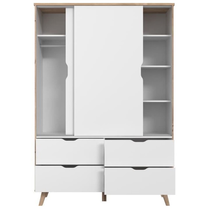 Armoire 2 portes + 4 tiroirs - Décor chene et blanc - L 139,4 x P 52,