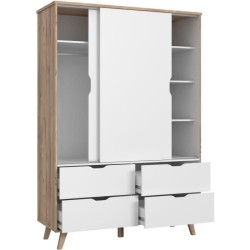 Armoire 2 portes + 4 tiroirs - Décor chene et blanc - L 139,4 x P 52,7 x H 201,5 cm - VANKKA