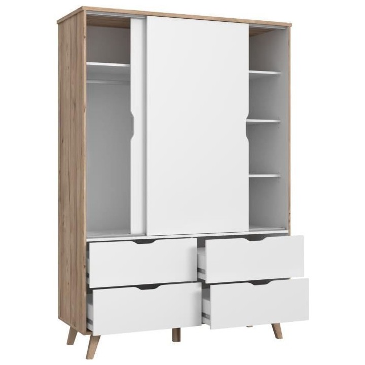 Armoire 2 portes + 4 tiroirs - Décor chene et blanc - L 139,4 x P 52,