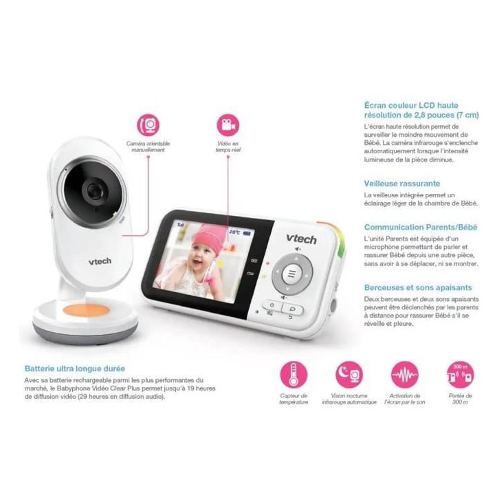 VTECH - Babyphone Vidéo Clear Plus (Écran 2.8) - BM3254