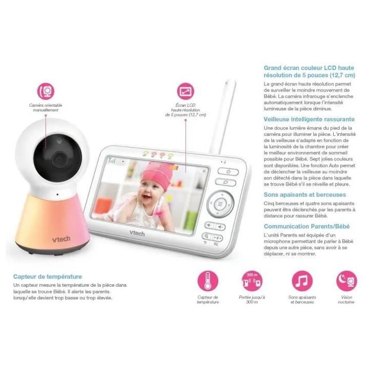 VTECH - Babyphone Vidéo Color Night Light (Écran 5 - Veilleuse) - BM