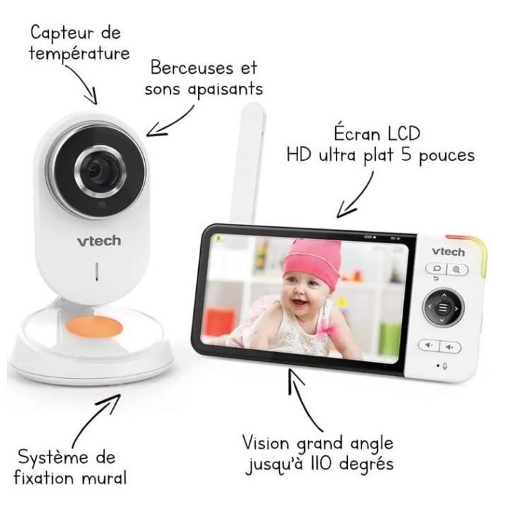 VTECH - Babyphone Vidéo Wide View HD (Écran 5 Ultra Plat HD - Veille